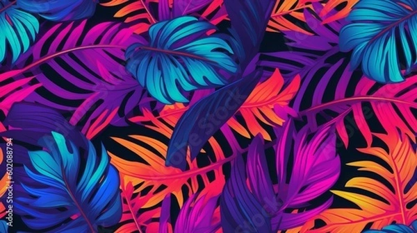 Obraz Seamless tropical neon leaves pattern