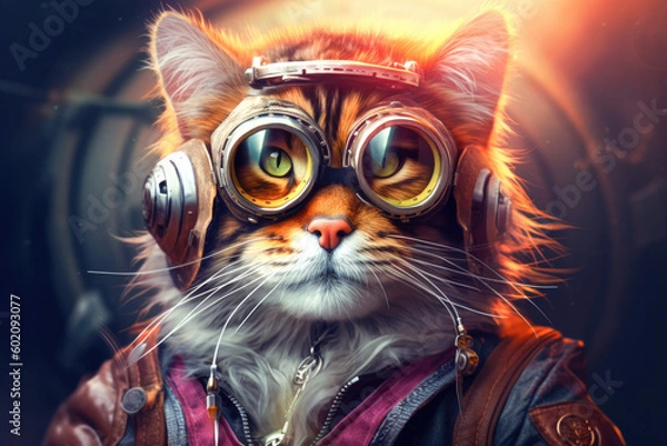 Fototapeta Portrait of a cat with pilot glasses. Generative AI. 