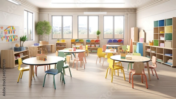 Obraz The interior of the classroom of a modern elementary school. Photorealistic illustration generative AI.