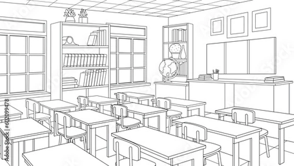Fototapeta Vector illustration, classroom interior, book coloring.