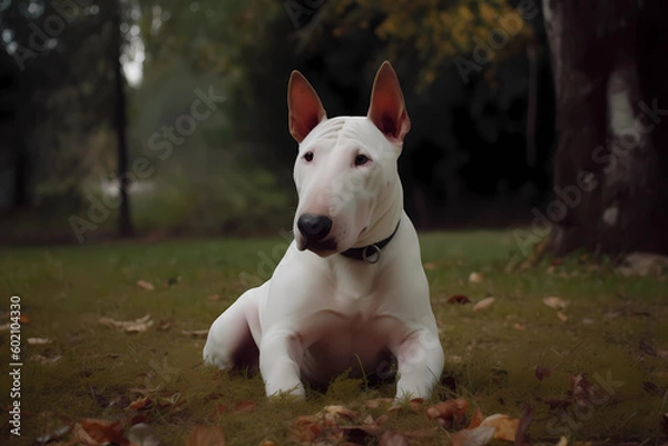 Fototapeta Bull Terrier - Originating from England, this breed is known for its distinctive egg-shaped head and its fearless, independent nature (Generative AI)