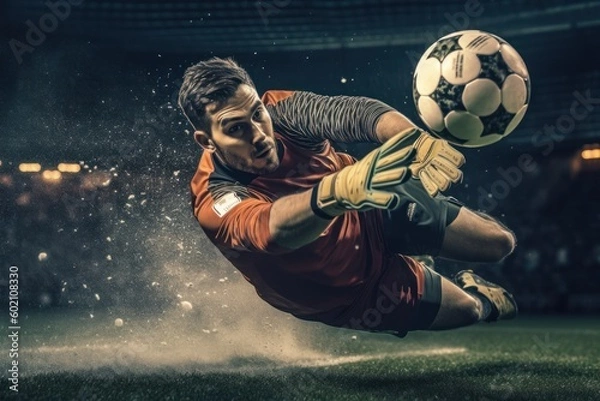 Fototapeta Goalkeeper is in mid-air, attempting to catch a soccer ball. Concept of excitement and anticipation, as the player is in the midst of a crucial moment in the game