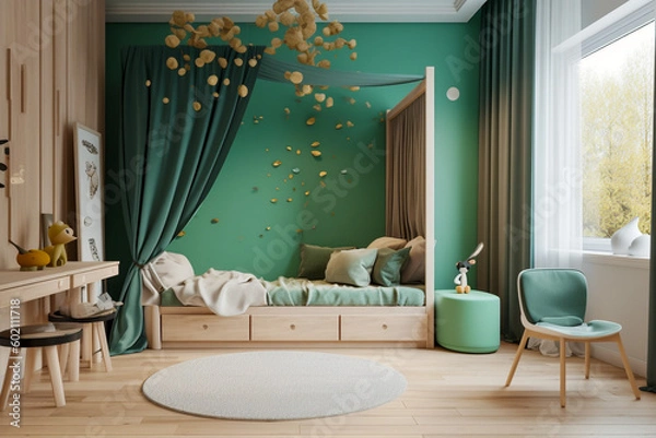 Fototapeta Modern minimalistic interior of the childrens room, green, white and golden colors. Super photo realistic background, generative ai illustration.