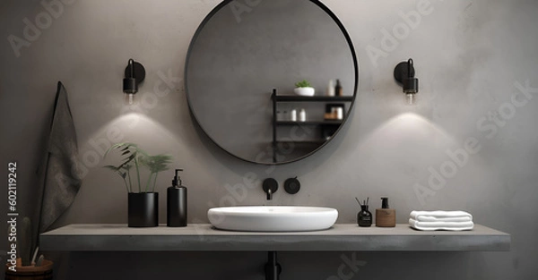 Fototapeta Minimal loft polished gray concrete cement bathroom vanity counter and wall, white oval ceramic washbasin, faucet, black round mirror with light for cosmetic, beauty, toiletries product background