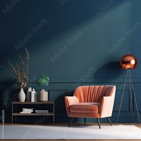 Fototapeta Interior design of living room with armchair on empty blue wall background,Empty living room with sofa.,Generative, AI, Illustration.