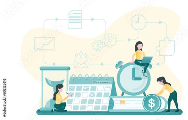 Fototapeta Business ideas. Business people planning and managing tasks, time, assignments and schedule checks. Calendar marking plan for work. Flat vector illustration.