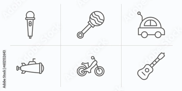 Fototapeta toys outline icons set. thin line icons such as microphone toy, rattle toy, car toy, submarine ride on guitar vector.