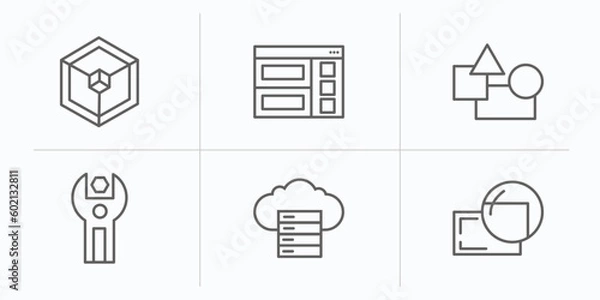 Obraz technology outline icons set. thin line icons such as frameworks, semantic elements, elements, sdk, web servers, retina display vector.
