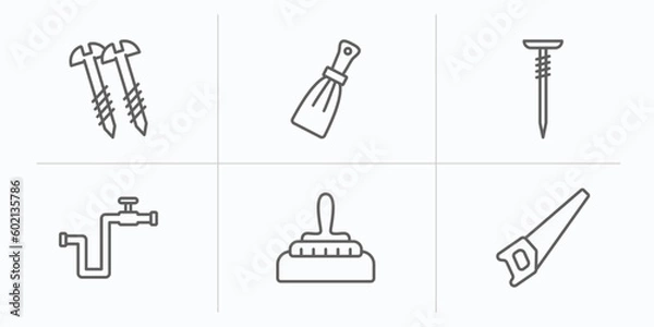 Fototapeta construction tools outline icons set. thin line icons such as screws, scratcher tool, nail, gas pipe, construction works, saw vector.
