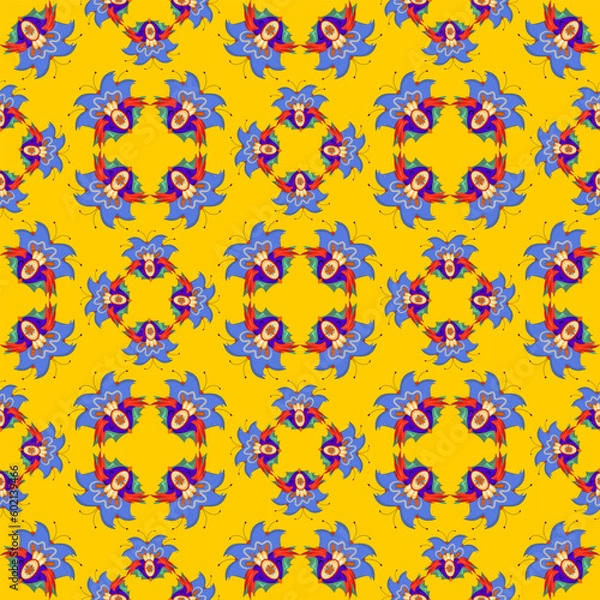 Fototapeta Seamless pattern of abstract flowers on a yellow background. Bright vibrant pattern. For textiles and decor.