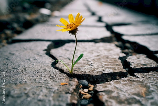 Fototapeta A hopeful and inspiring photo of a flower growing out of a crack in the asphalt, symbolizing the resilience and beauty of nature. Generative AI.