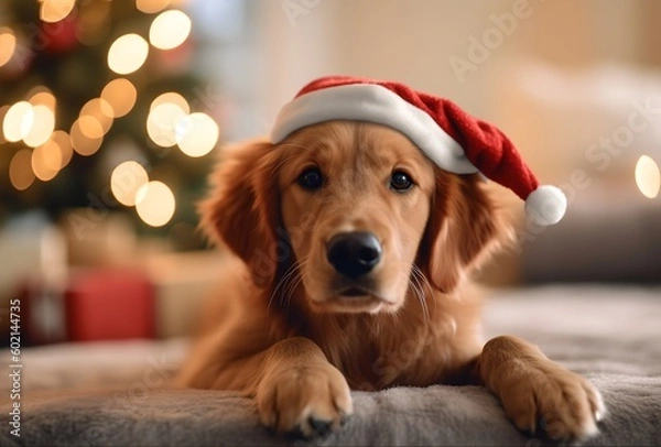 Fototapeta Christmas dog dressed in a Santa hat sits near a decorated Christmas tree on a holiday evening, generative ai