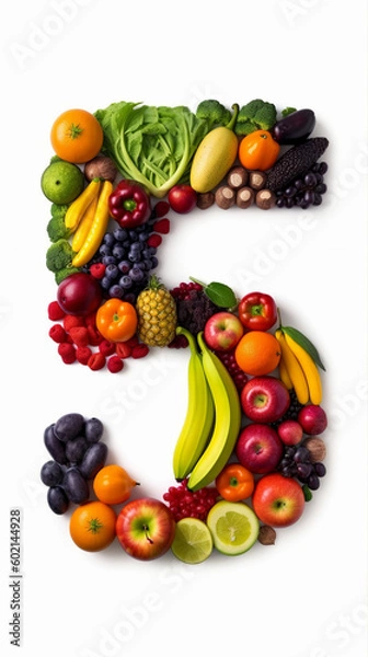 Fototapeta A number 5 symbol made up of various fruits and vegetables on a white background. A.I. generated.