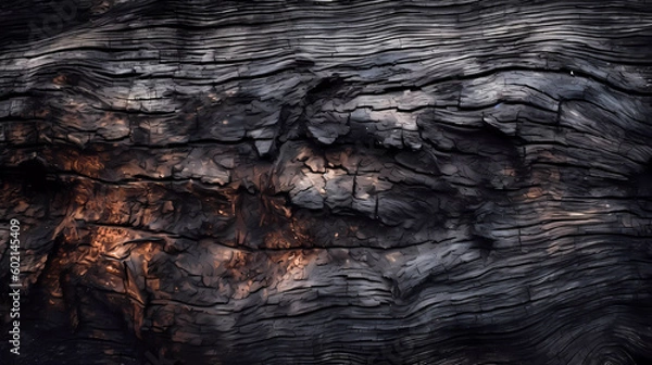 Obraz Background. Burnt wood structure, top-down view. Generative AI technology.