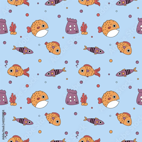 Fototapeta Vector seamless pattern with fishes. Fishes in flat style