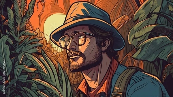 Fototapeta Portrait of an adventurer discovering a hidden treasure in a jungle. Fantasy concept , Illustration painting. Generative AI