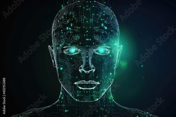 Obraz Realistic 3d head representing artificial intelligence, Abstract lines, triangles and particle style design. digital brain. Robotics concept - generative ai