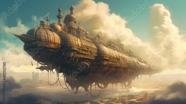 Fototapeta Steampunk airship in the clouds. Fantasy concept , Illustration painting. Generative AI