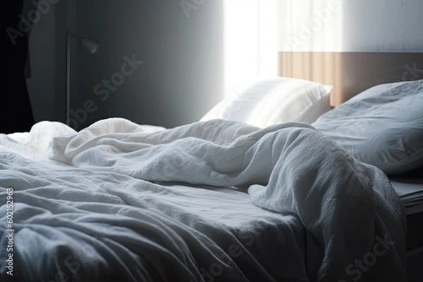 Fototapeta an Unmade Bed with White Sheets and Pillows in a Messy Bedroom Generative AI