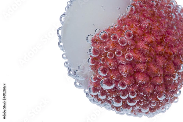 Fototapeta Fresh lychee with water bubbles on white