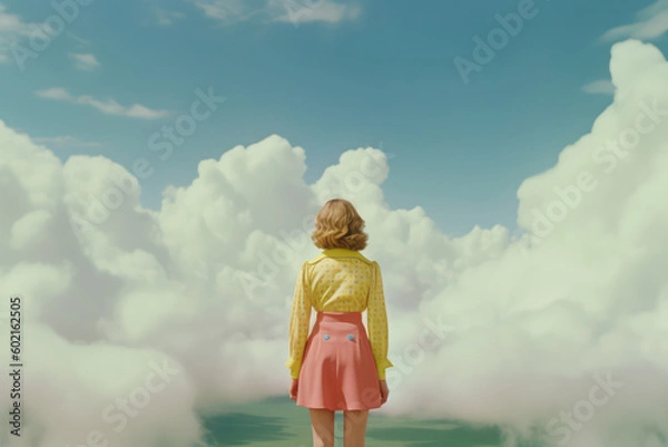 Fototapeta silhouette of a woman in a pastel outfit from the back standing in a surreal symmetric vintage movie setting looking like an old nature landscape postcard in cinematic retro colours ai generated art