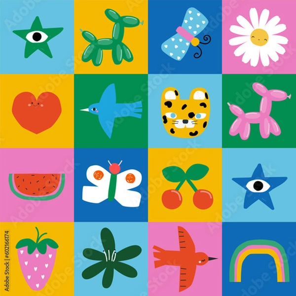 Fototapeta Colorful seamless pattern with doodle elements. Childish cute print. Vector hand drawn illustration.