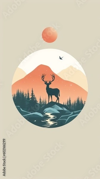 Fototapeta Illustration minimalist deer standing on a mountain summit, adventure and mountain concept