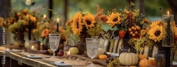 Obraz Autumn themed outdoor dinner, banquet, generative ai, Thanksgiving eve