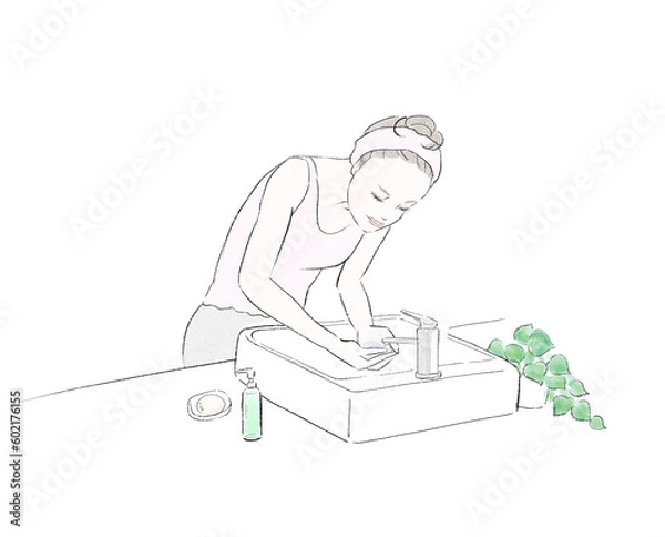 Fototapeta 顔を洗う女性のイラスト