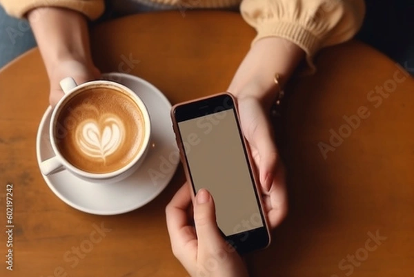 Fototapeta top view of a woman in casual clothes using her smartphone with blank white screen while chilling in a coffee shop, blank white screen. 