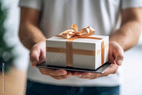 Obraz Person using a laptop computer with a small gift box. 