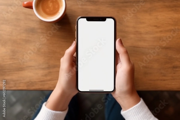 Fototapeta top view of a woman in casual clothes using her smartphone with blank white screen while chilling in a coffee shop, blank white screen. 