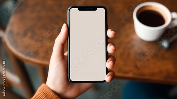 Fototapeta top view of a woman in casual clothes using her smartphone with blank white screen while chilling in a coffee shop, blank white screen. 