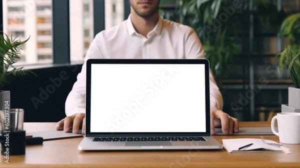 Fototapeta Young man using laptop computer with blank empty mockup screen. Business man working at office. Freelance, student lifestyle, e-learning, shopping online, web site, technolog.