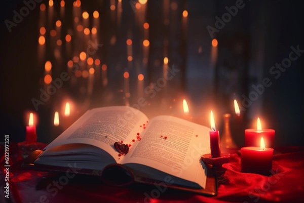 Fototapeta The magic book with candle and bokoh light background, General AI. 