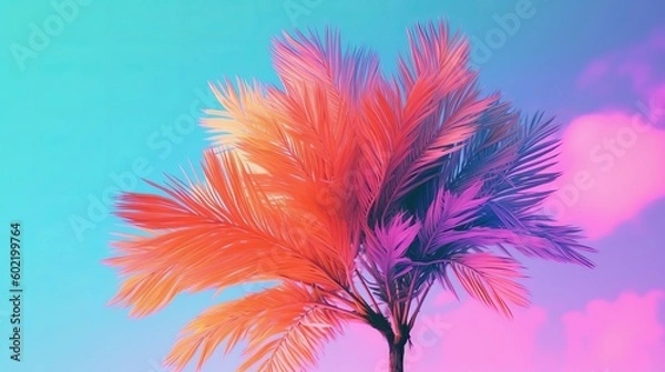 Fototapeta Padded palm tree on sky foundation conditioned in enthusiastic sprinkled rainbow neon pastel colors. Creative resource, AI Generated