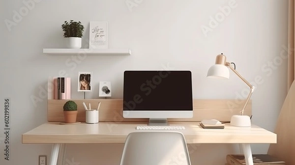 Fototapeta Advanced immaterial workspace in college dorm hang with flexible workstation mockup. Creative resource, AI Generated