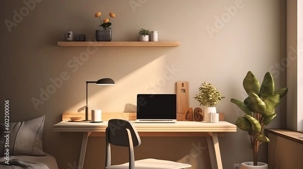 Fototapeta Progressed insignificant workspace in college dorm hang with adaptable workstation mockup. Creative resource, AI Generated