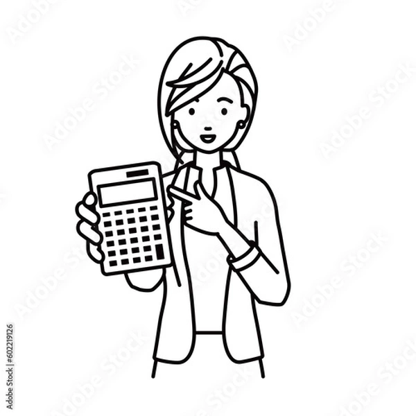 Fototapeta 立って電卓を指差してこちらに向けて見せているジャケットの女性