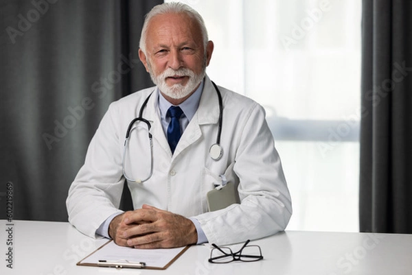 Fototapeta Portrait of senior male doctor, sitting by the table and looking at a camera. Medical director professional of hospital wearing uniform and showing confidence