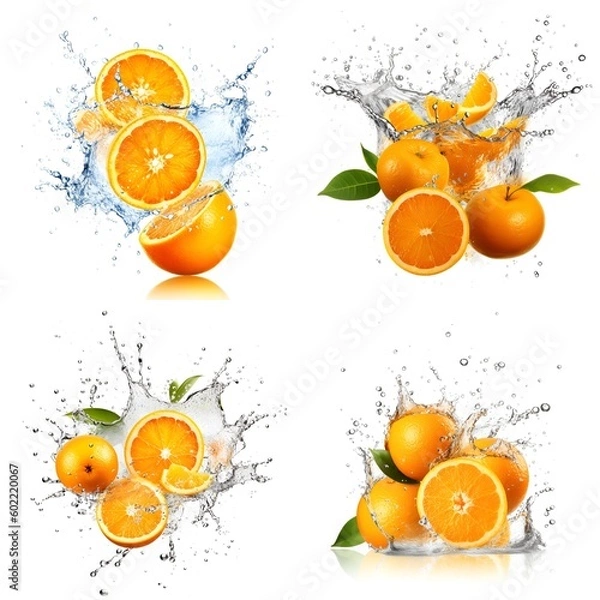 Obraz Sliced orange fruit with splash of juicy on white background. food and drink picture. Orange splash isolated on white background, Generative AI