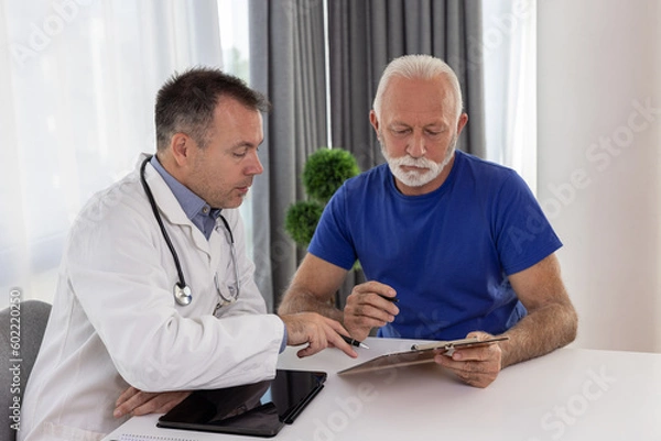 Fototapeta Senior man filling insurance or other legal document at appointment with doctor. Elderly patient signing medical treatment contract, agreement form for medical care service, consultation, therapy