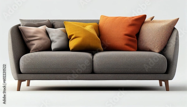 Fototapeta Simple, gray sofa with yellow and orange pillow cover. Generative AI 