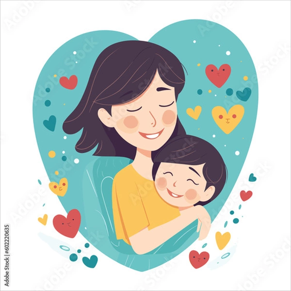 Fototapeta Happy Mother's Day. Vector illustration of mom with a baby in her arms, a vase of hearts, a declaration of love to mom and a floral and hear frame for a greeting card, poster or background