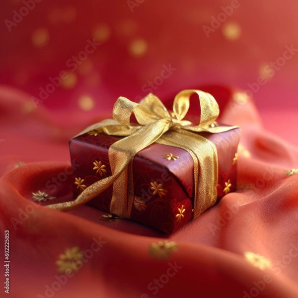 Fototapeta Luxurious Festive Present: Golden Bow on an Elegant Scarlet & Gold Gift, Photo Art Created with Generative AI and Other Techniques