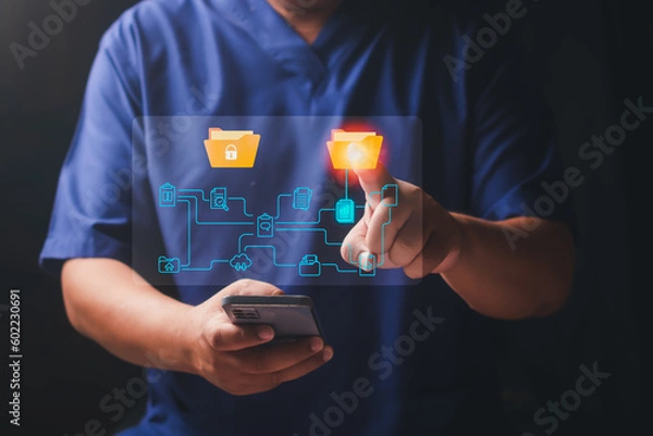 Fototapeta Document management and network concept, Businessman use smartphone search for documents online archives ,Document management Storage big data and technology Digital asset management
