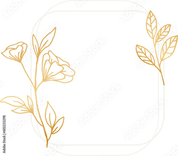 Fototapeta A simple frame with gold leaves and flowers in a white shape for wedding invitation, engagement, or greeting cards