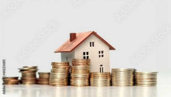 Fototapeta A white background showcases house, coins, energy-saving, and investment property. (Generative AI)