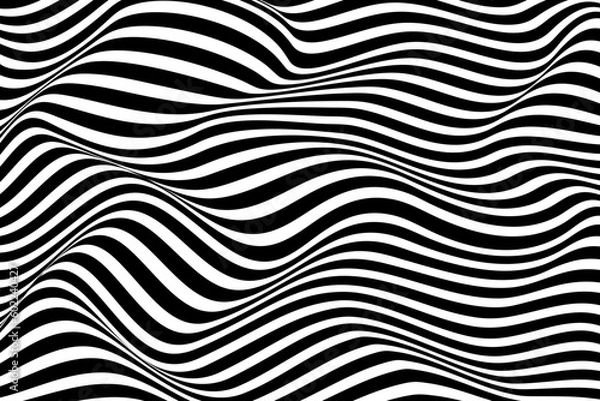 Fototapeta Black and white distorted optical illusion wave background. Ripple effect striped lines structure.