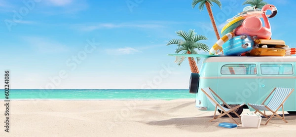 Obraz Summer vacation, travel holiday, van and beach accessories with beautiful sea background. 3d rendering	